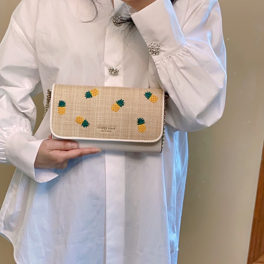 kate spade Pineapple Embroidered Straw Crossbody Bag in Yellow, Green, Cream - Picture 4 of 13